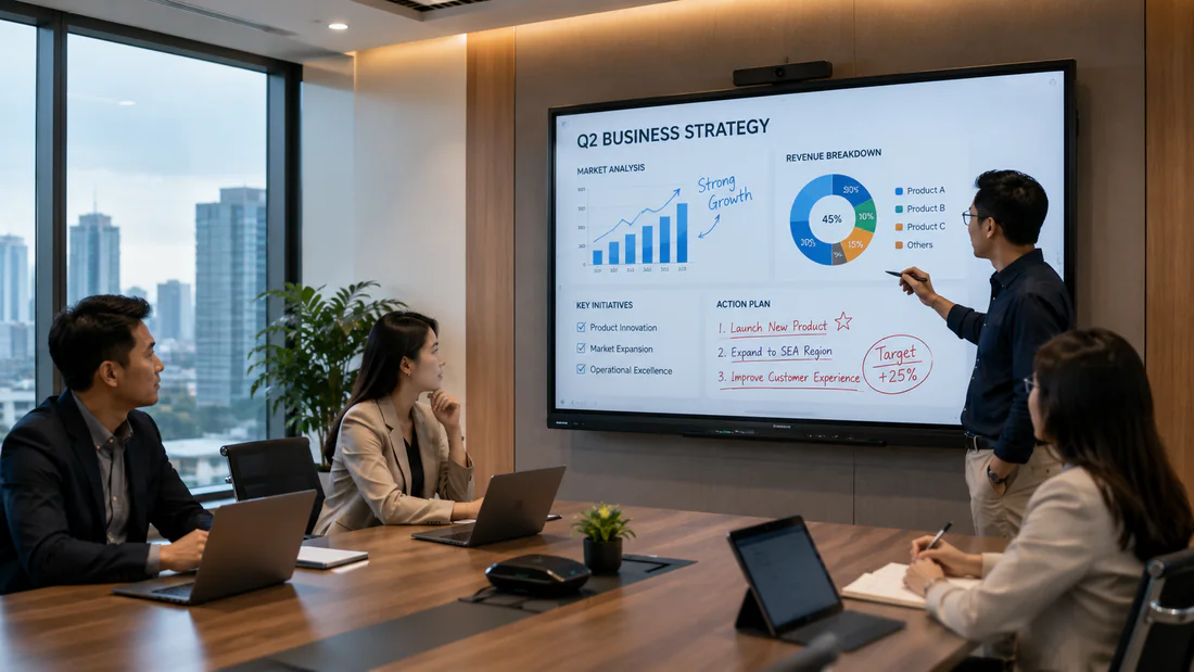 Smartboard interaktif 4K digunakan tim dalam sesi presentasi dan kolaborasi