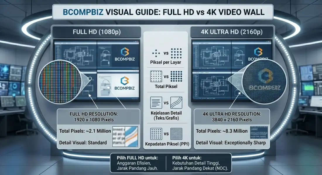 Perbandingan resolusi Full HD vs 4K pada layar videowall display besar