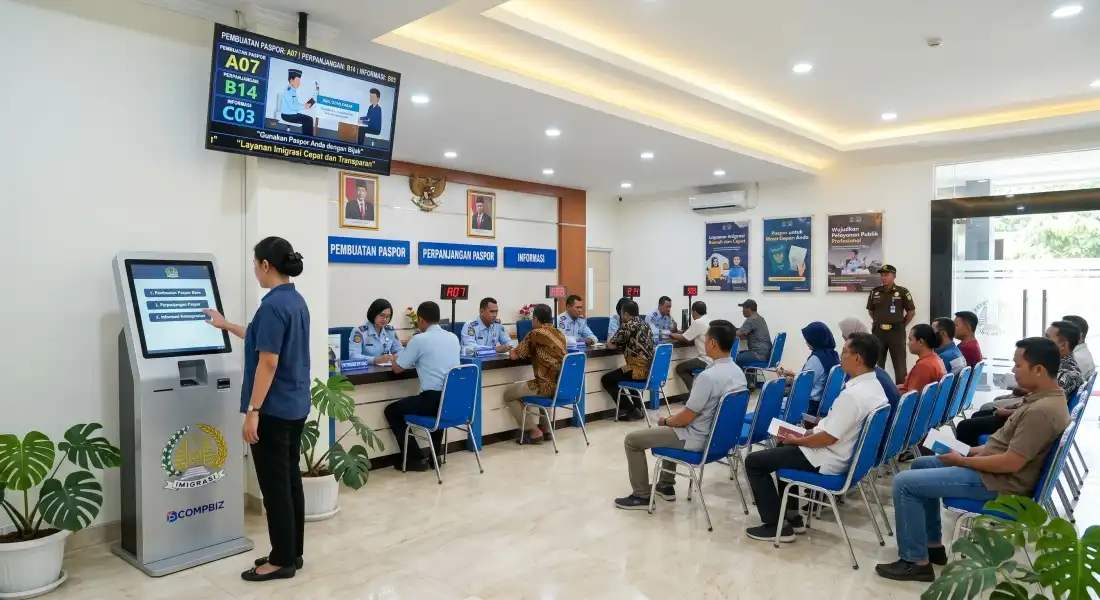 Mesin antrian digital dengan layar sentuh dan printer struk nomor antrian